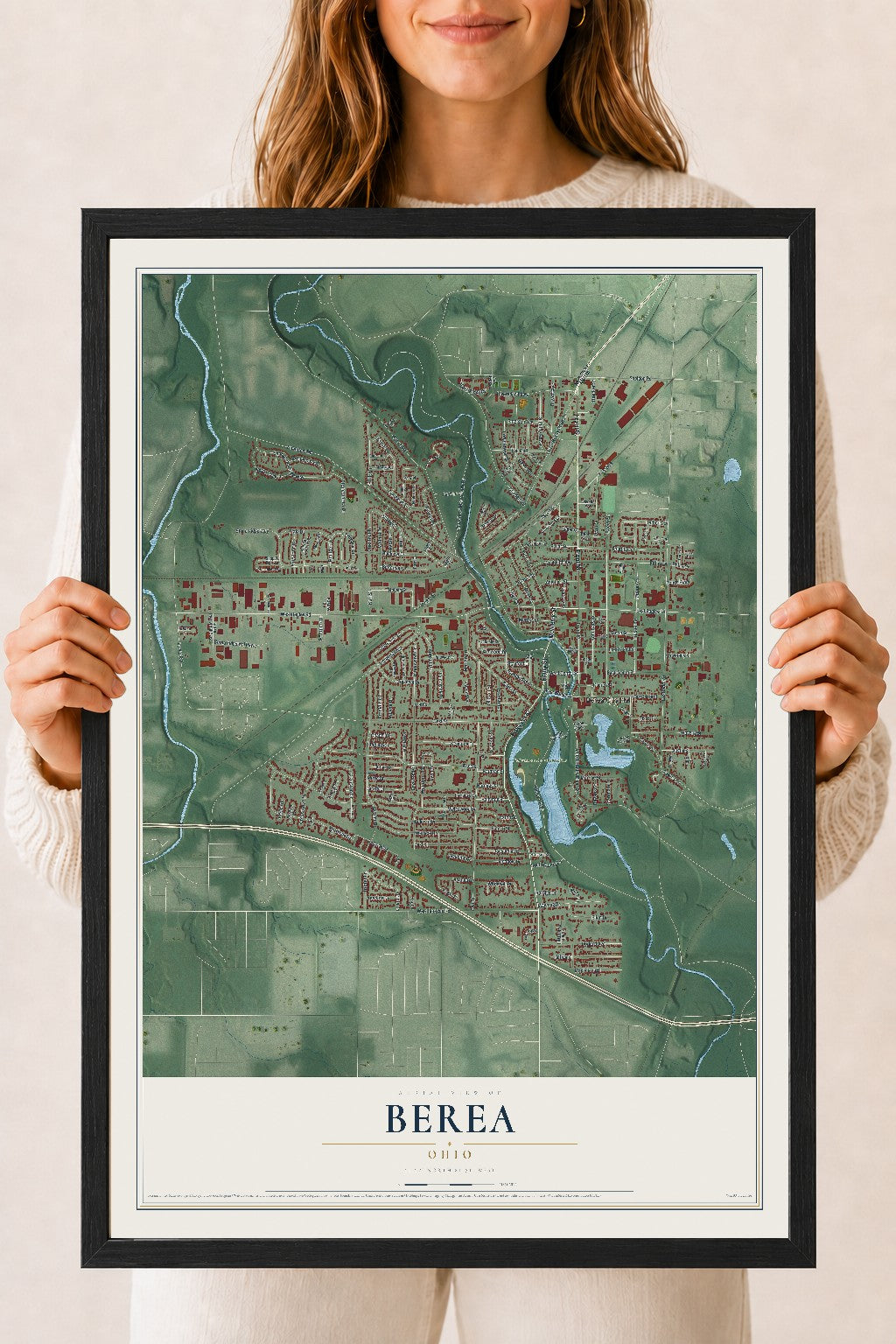 Map of Berea, Ohio, 18 x 24 inch print in a black wood frame