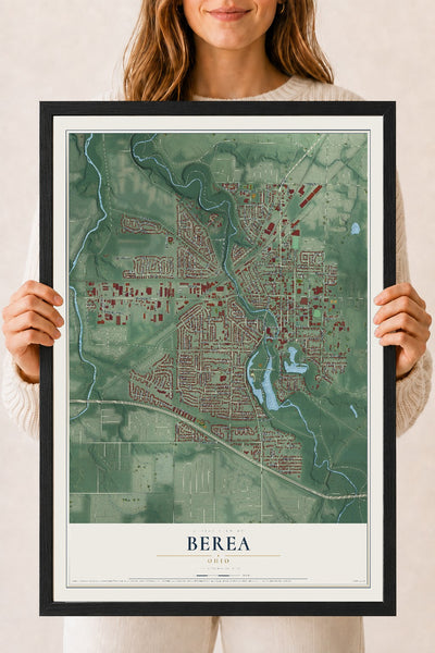 Map of Berea, Ohio, 18 x 24 inch print in a black wood frame