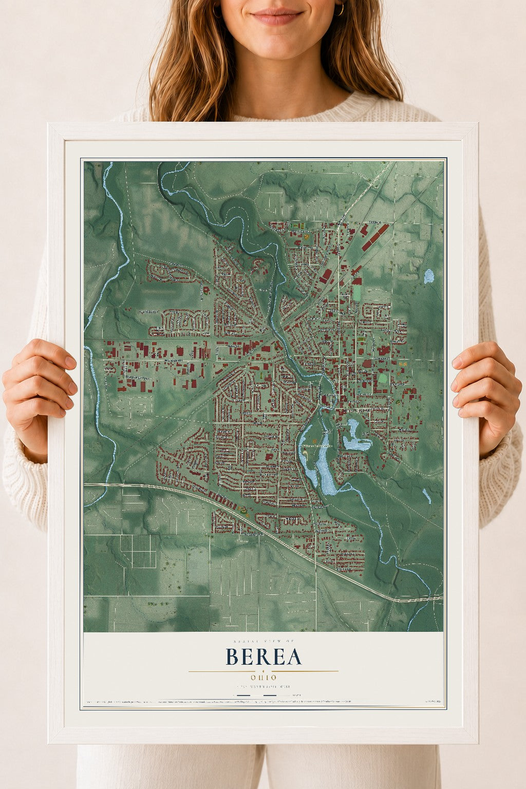 Map of Berea, Ohio, 18 x 24 inch print in a white wood frame