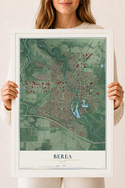 Map of Berea, Ohio, 18 x 24 inch print in a white wood frame