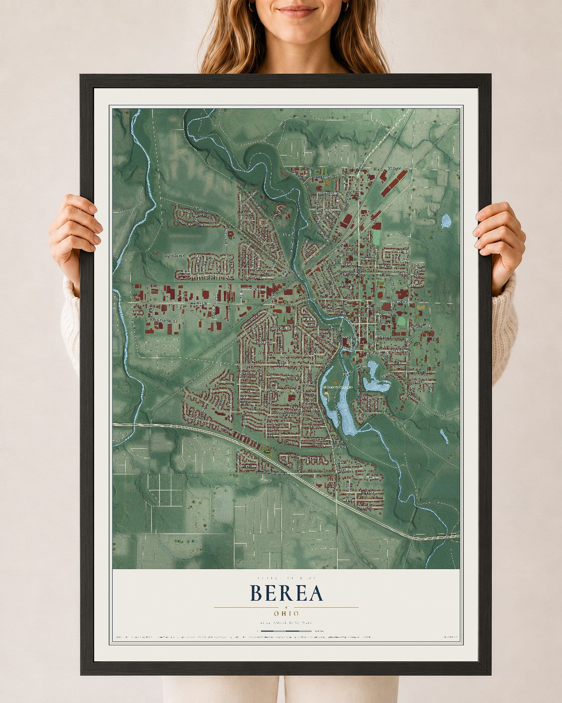 Map of Berea, Ohio, 24 x 36 inch print in a black wood frame