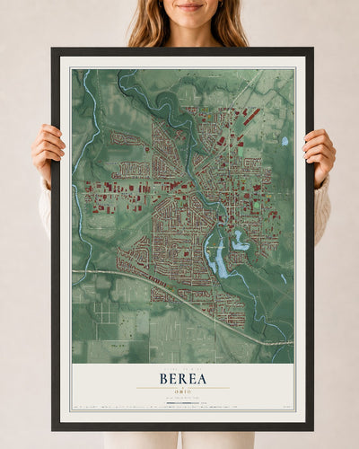 Map of Berea, Ohio, 24 x 36 inch print in a black wood frame