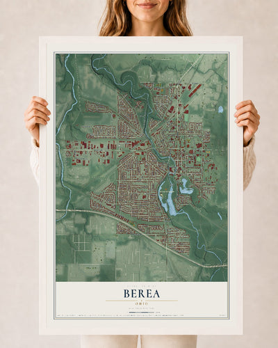 Map of Berea, Ohio, 24 x 36 inch print in a white wood frame