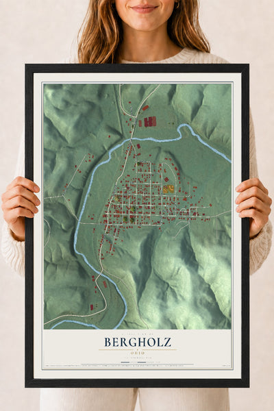 Map of Bergholz, Ohio, 18 x 24 inch print in a black wood frame