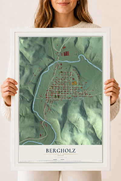 Map of Bergholz, Ohio, 18 x 24 inch print in a white wood frame
