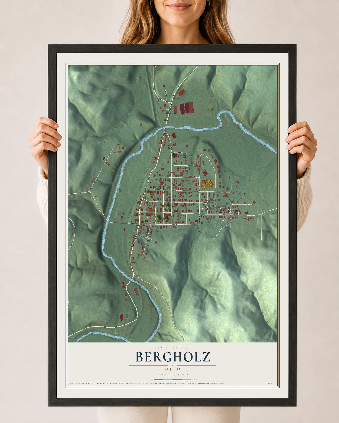 Map of Bergholz, Ohio, 24 x 36 inch print in a black wood frame