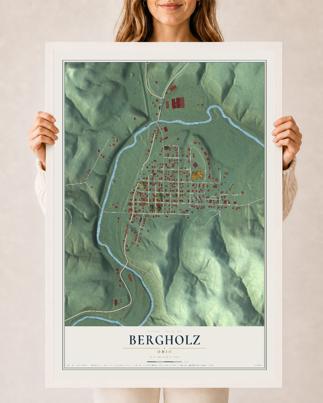 Map of Bergholz, Ohio, 24 x 36 inch print in a white wood frame