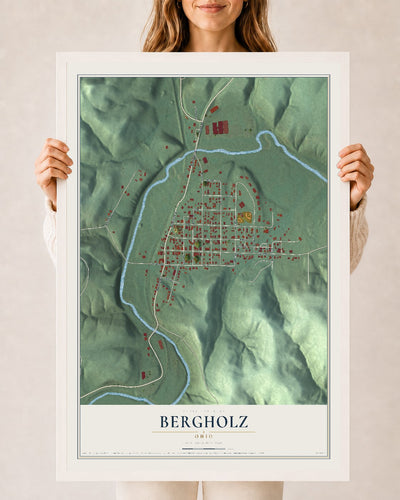 Map of Bergholz, Ohio, 24 x 36 inch print in a white wood frame