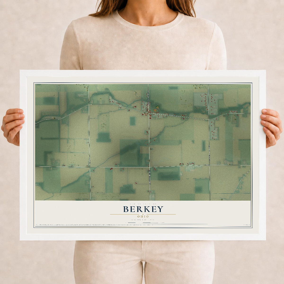 Map of Berkey, Ohio, 12 x 18 inch print in a white wood frame