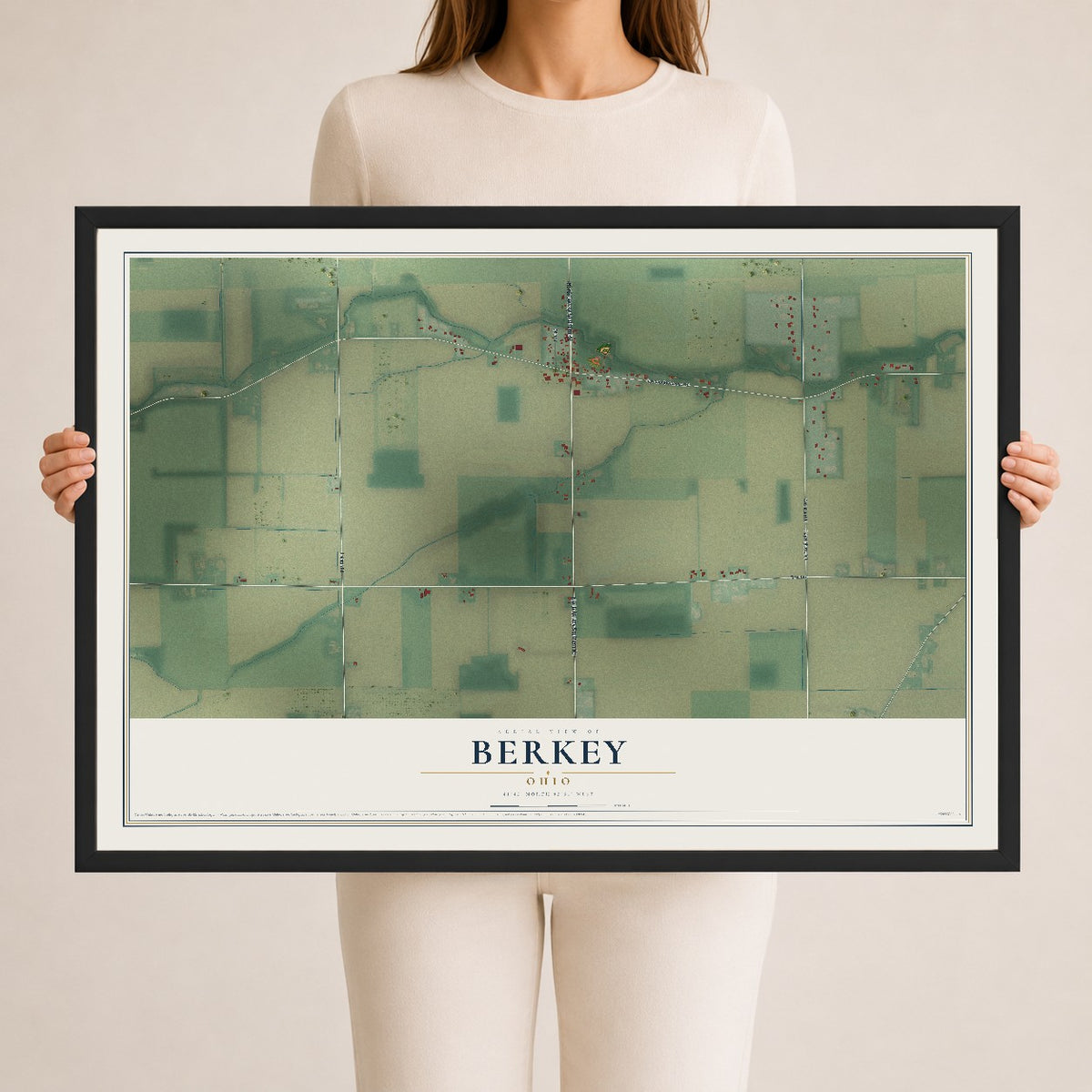 Map of Berkey, Ohio, 24 x 36 inch print in a black wood frame