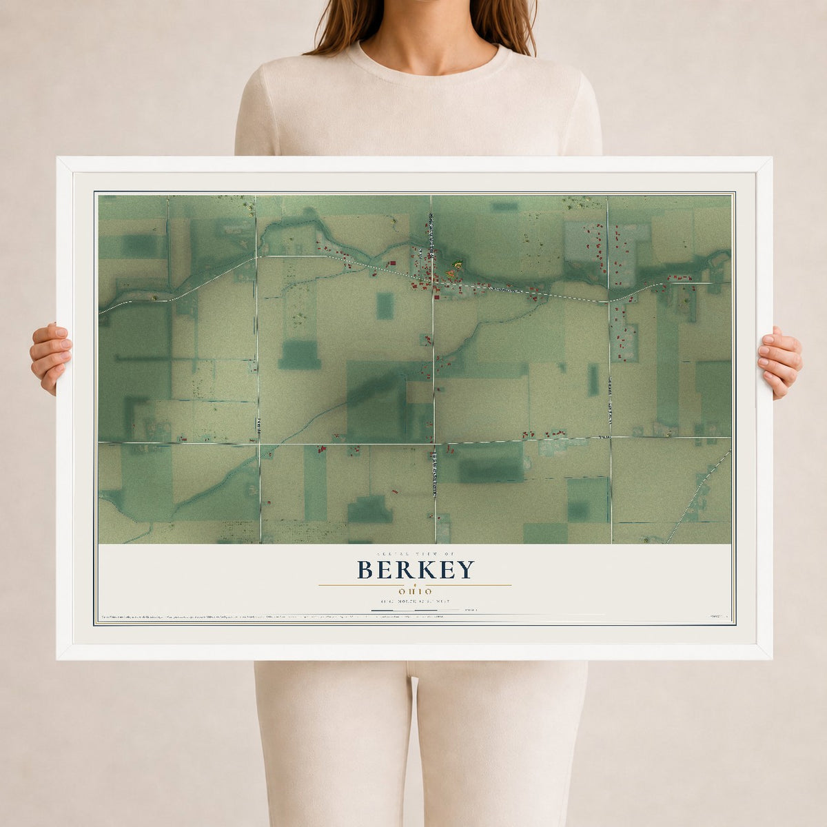 Map of Berkey, Ohio, 24 x 36 inch print in a white wood frame