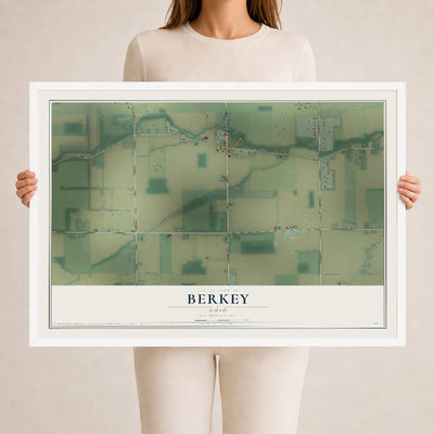 Map of Berkey, Ohio, 24 x 36 inch print in a white wood frame