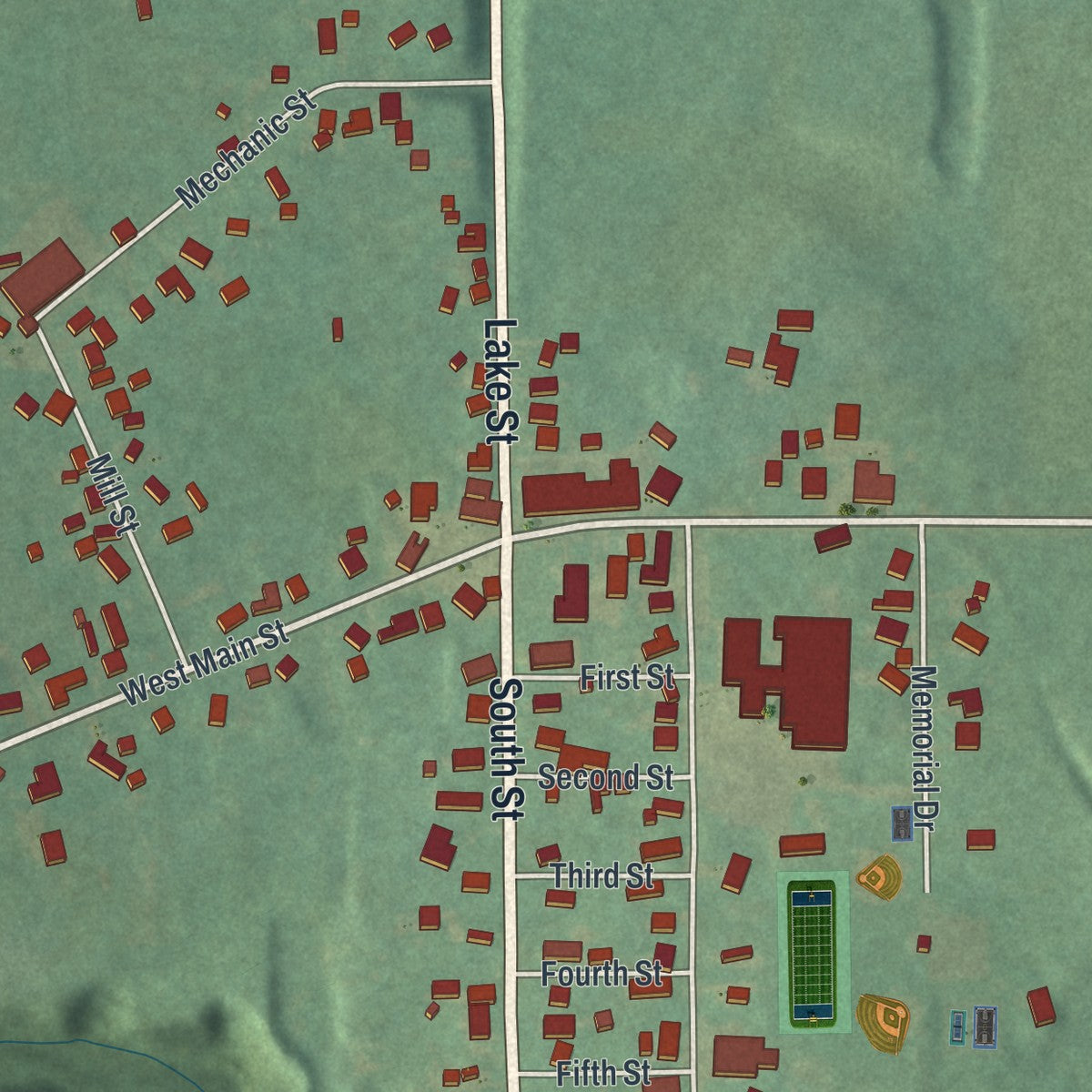 Close-up of the map of Berlin Heights, Ohio print showing street and building detail