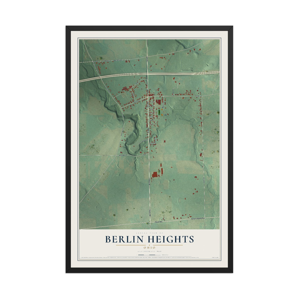 Map of Berlin Heights, Ohio, 12 x 18 inch print in a black wood frame