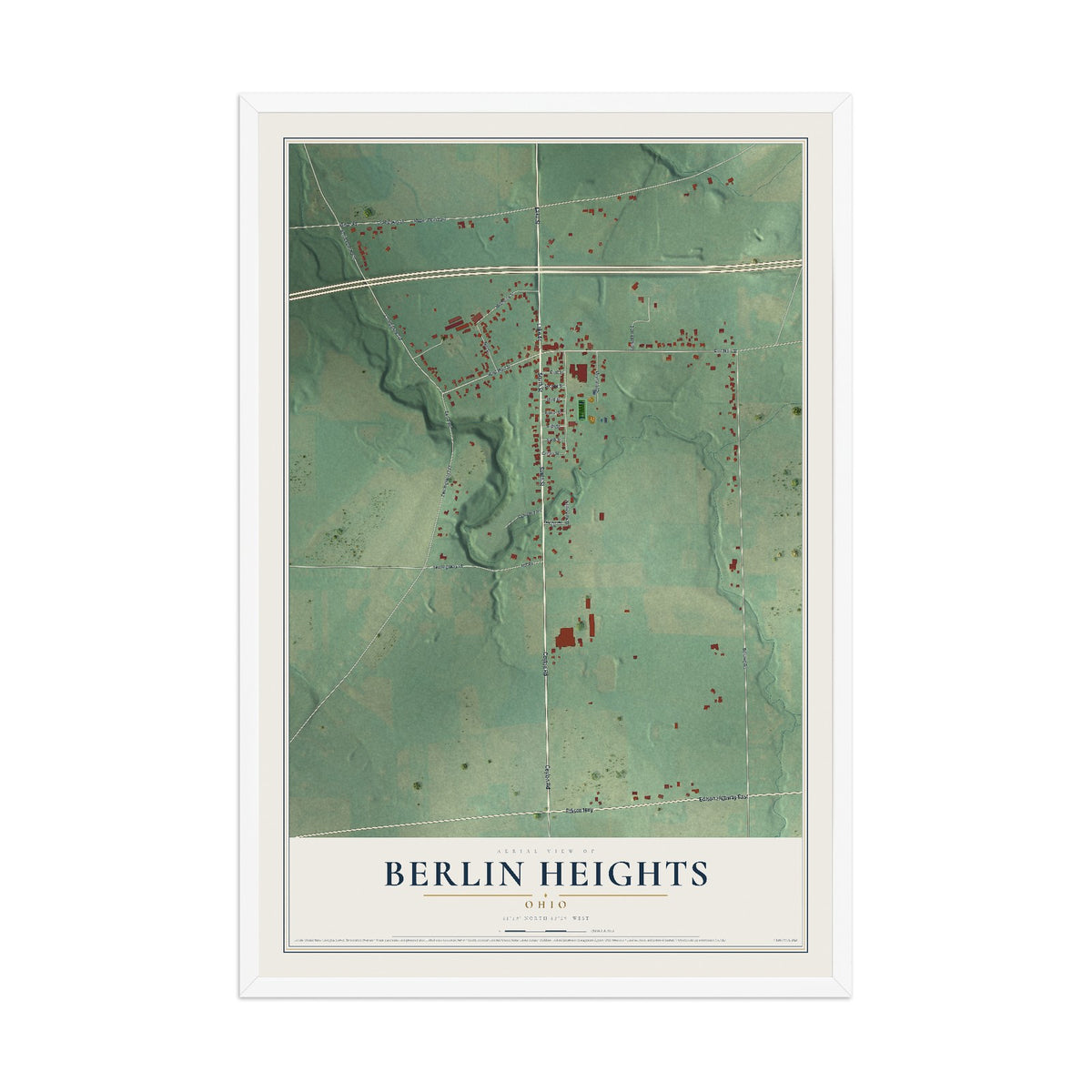 Map of Berlin Heights, Ohio, 12 x 18 inch print in a white wood frame