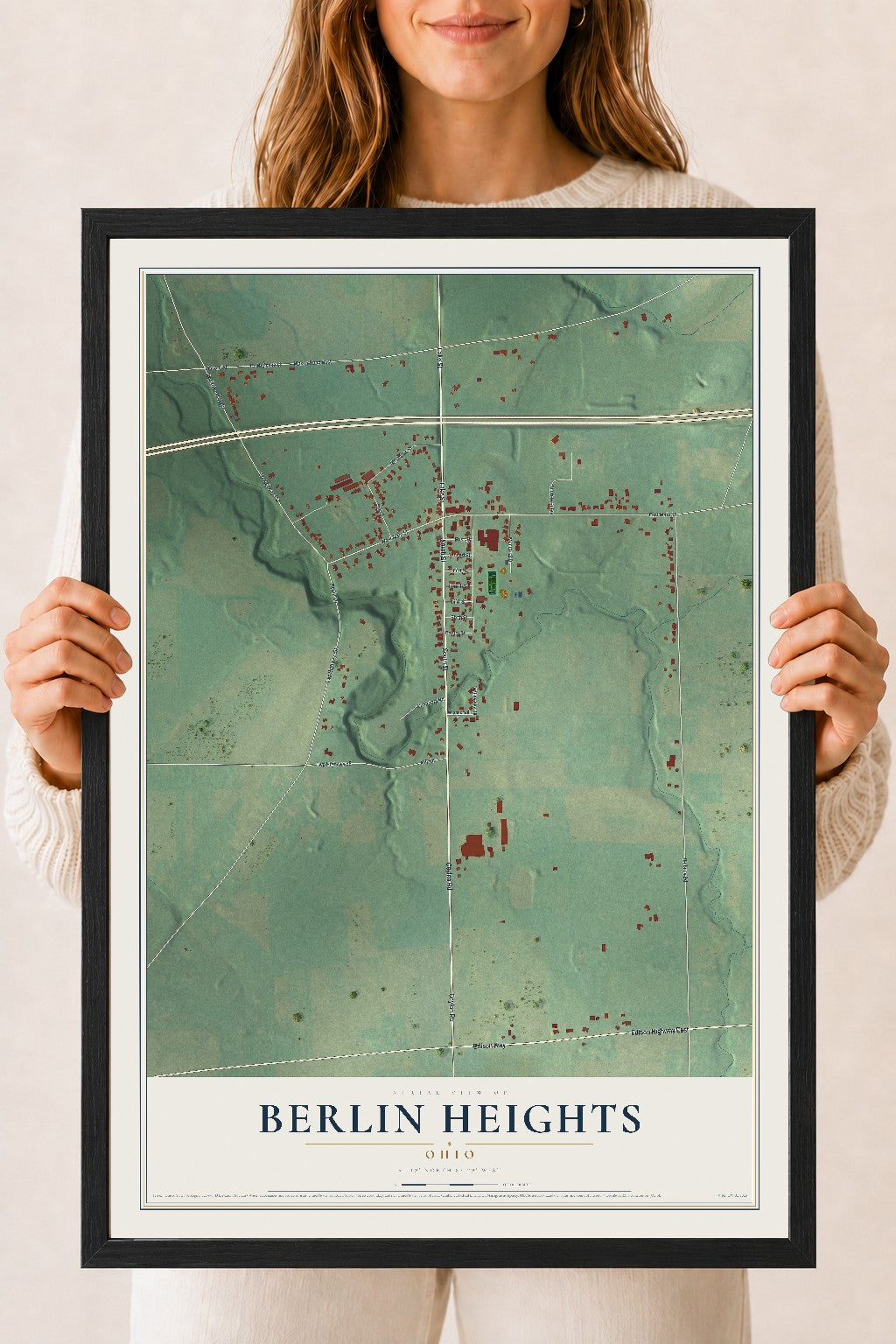 Map of Berlin Heights, Ohio, 18 x 24 inch print in a black wood frame