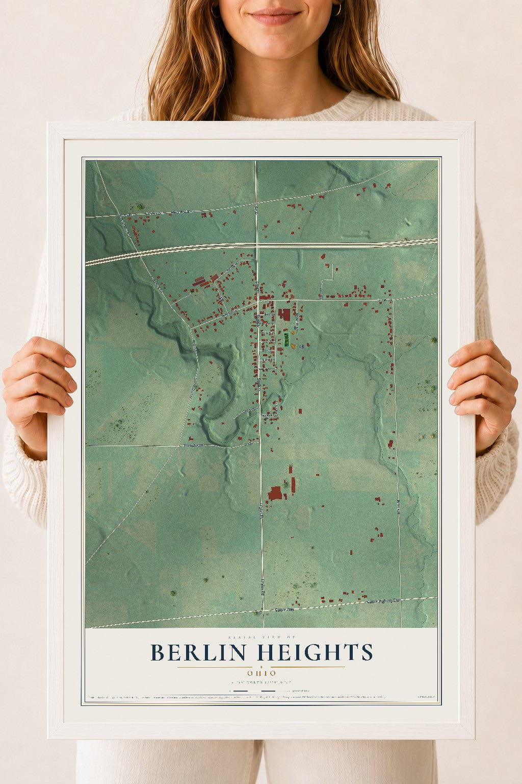 Map of Berlin Heights, Ohio, 18 x 24 inch print in a white wood frame