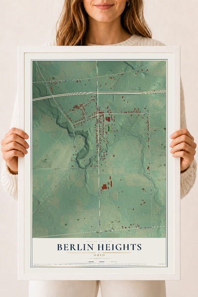 Map of Berlin Heights, Ohio, 18 x 24 inch print in a white wood frame