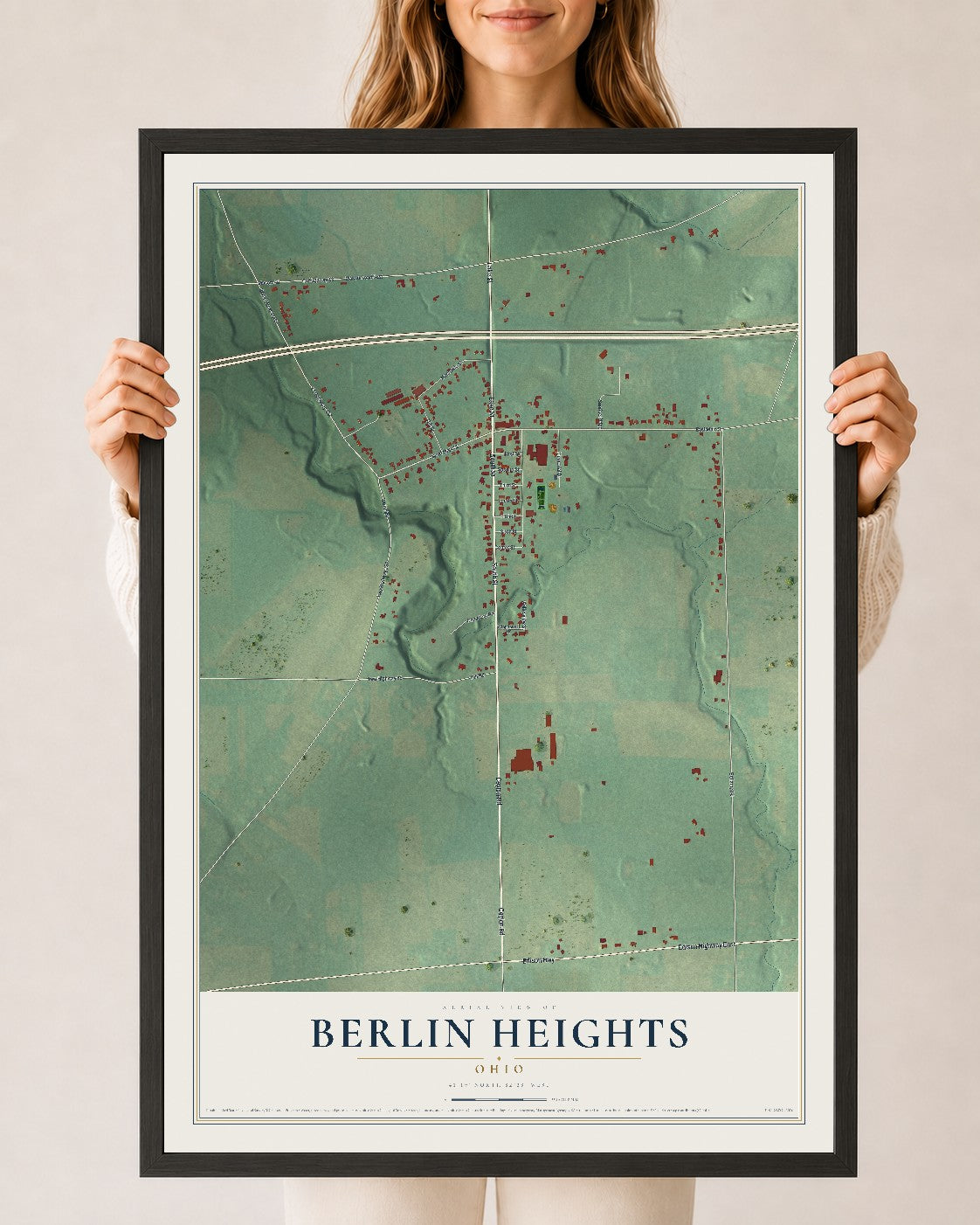 Map of Berlin Heights, Ohio, 24 x 36 inch print in a black wood frame