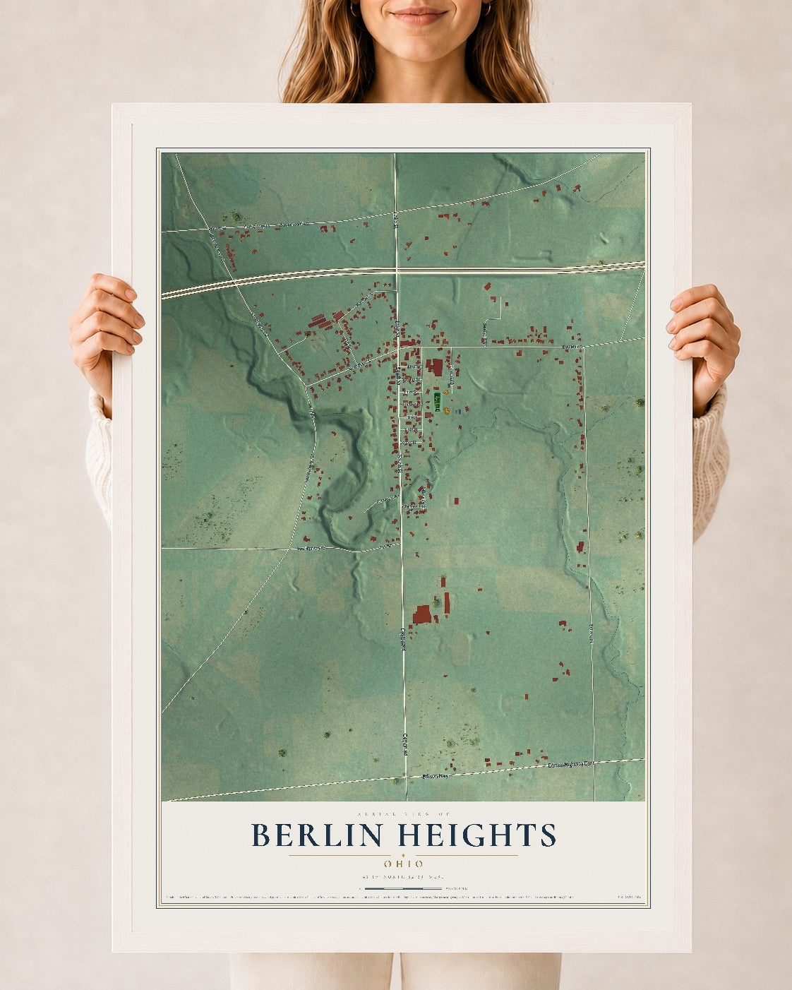 Map of Berlin Heights, Ohio, 24 x 36 inch print in a white wood frame