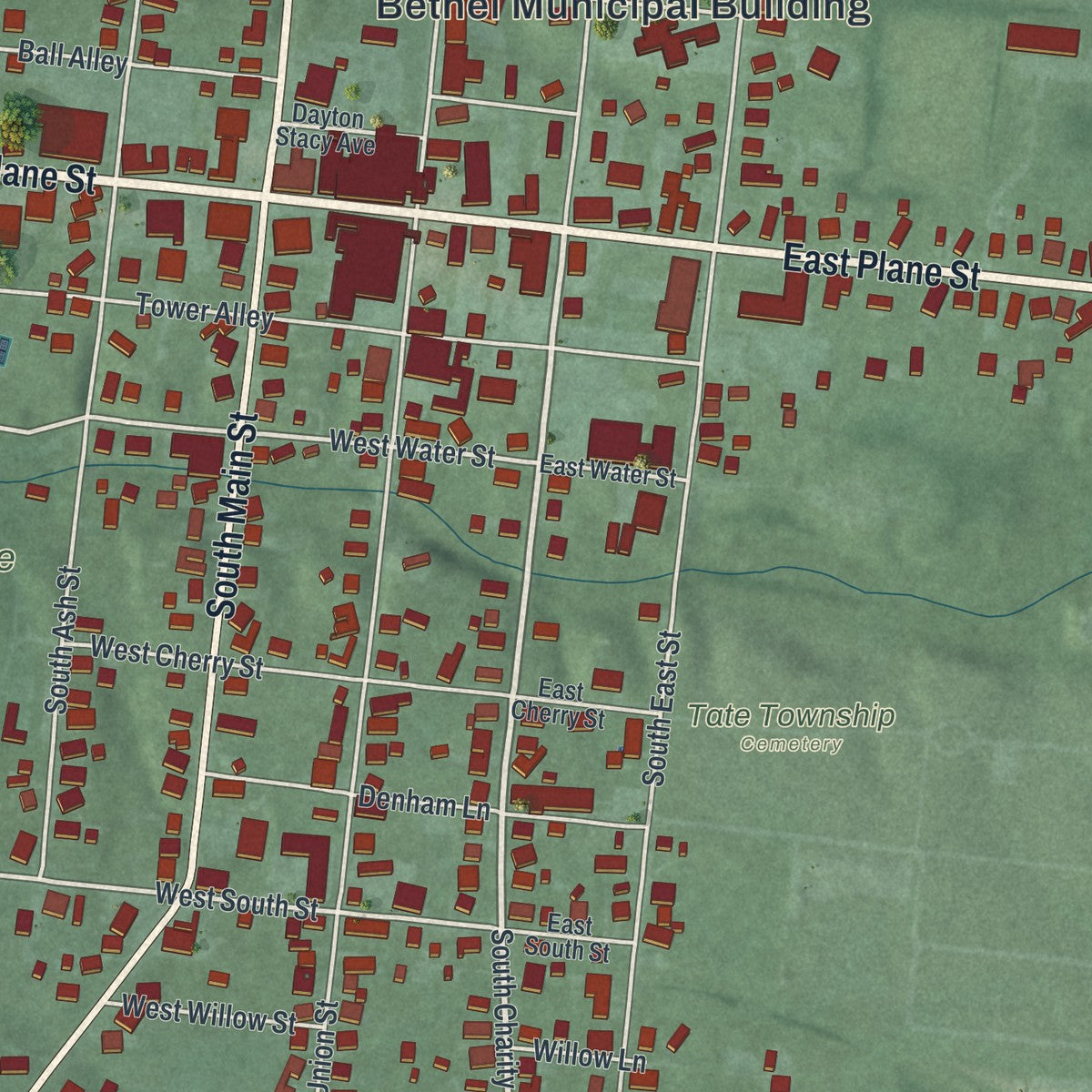 Close-up of the map of Bethel, Ohio print showing street and building detail