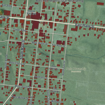 Close-up of the map of Bethel, Ohio print showing street and building detail