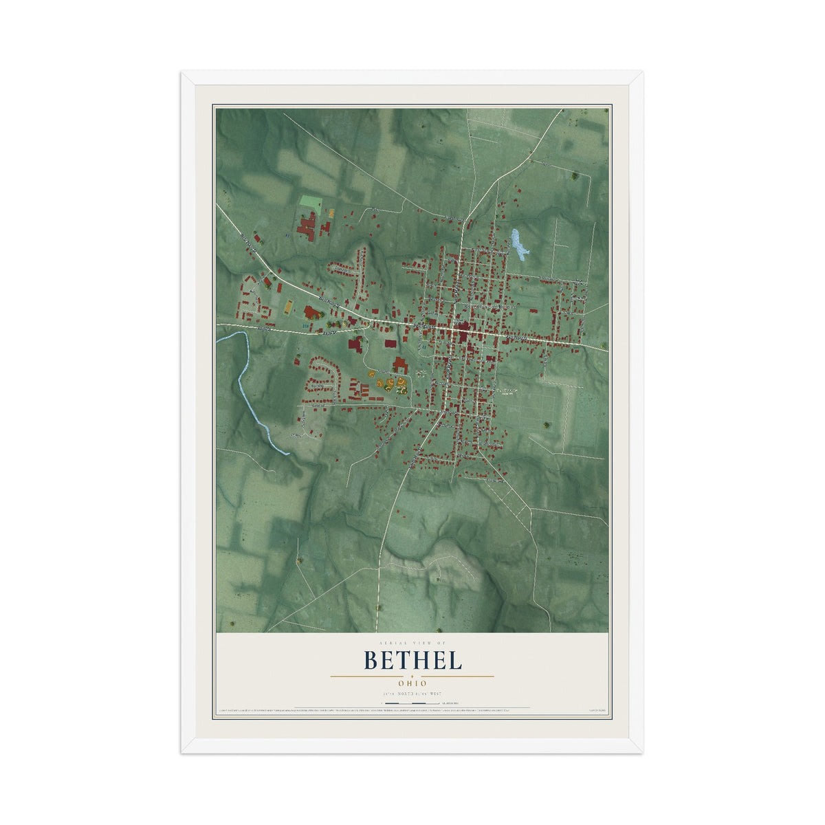 Map of Bethel, Ohio, 12 x 18 inch print in a white wood frame