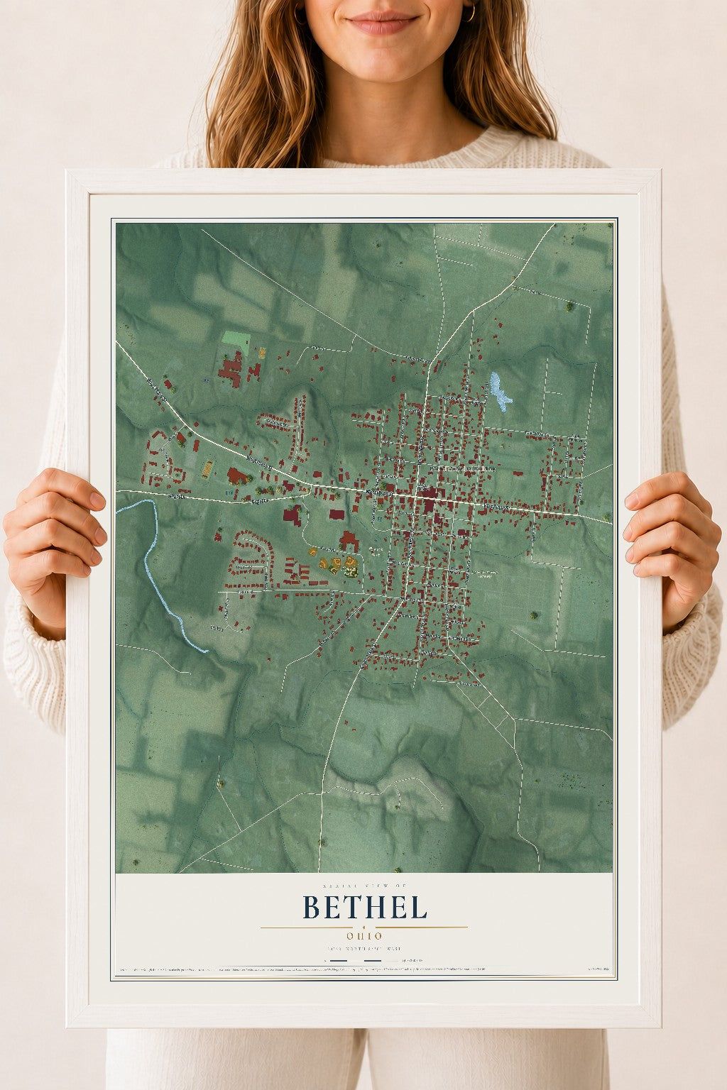 Map of Bethel, Ohio, 18 x 24 inch print in a white wood frame