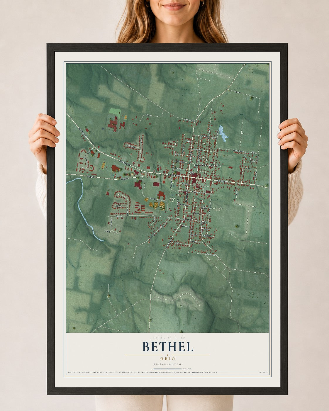 Map of Bethel, Ohio, 24 x 36 inch print in a black wood frame