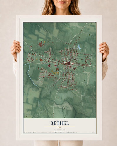 Map of Bethel, Ohio, 24 x 36 inch print in a white wood frame