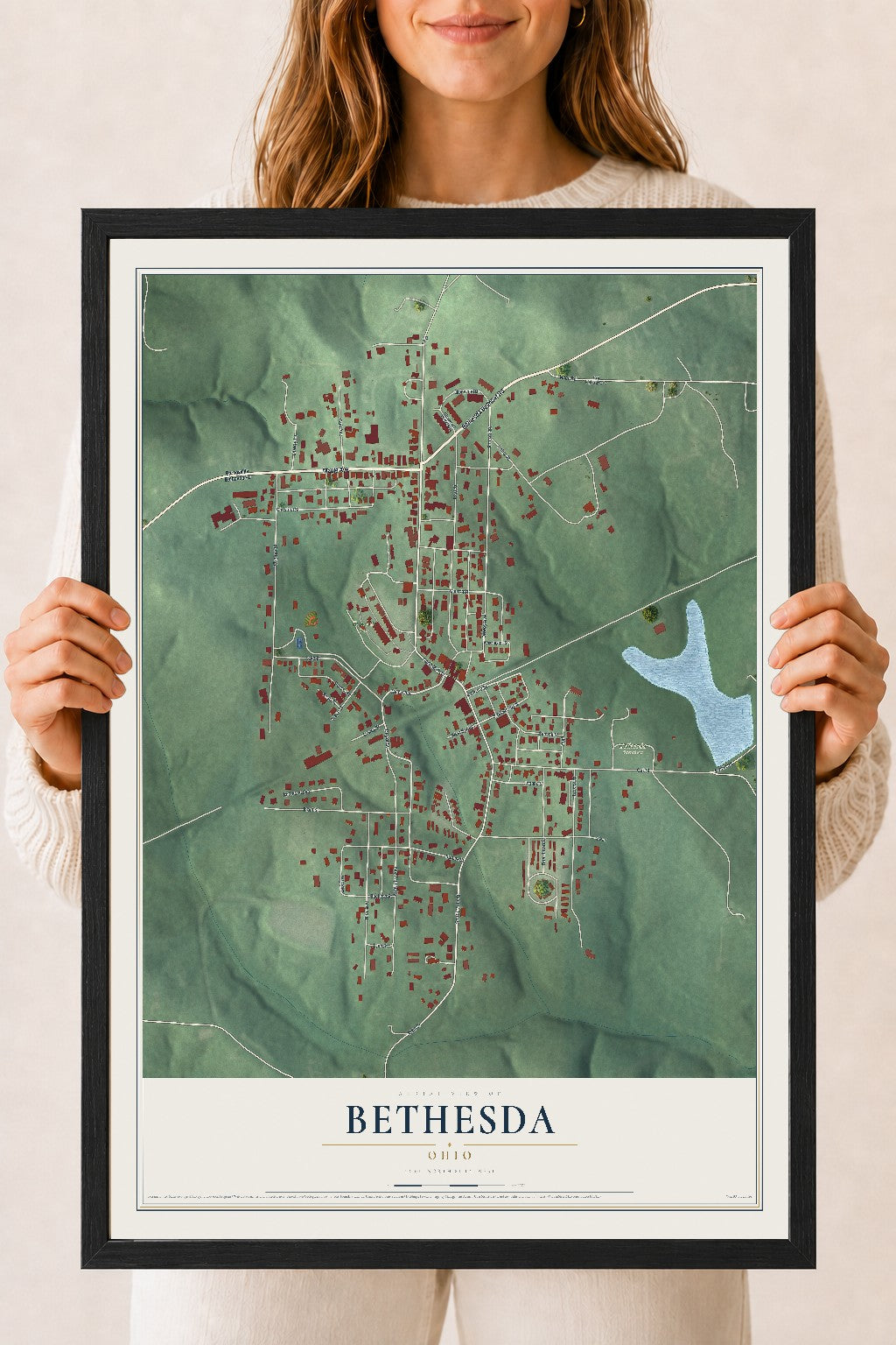 Map of Bethesda, Ohio, 18 x 24 inch print in a black wood frame