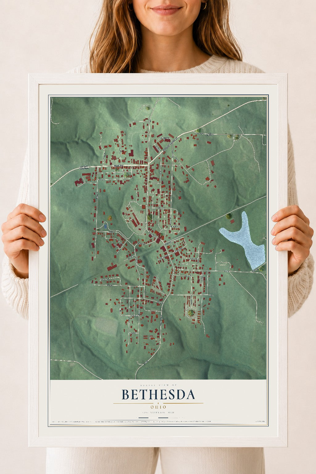 Map of Bethesda, Ohio, 18 x 24 inch print in a white wood frame