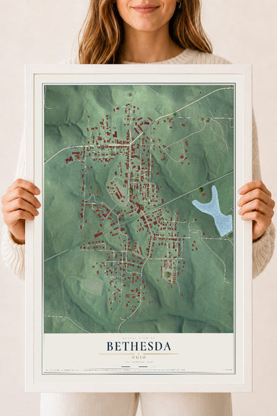 Map of Bethesda, Ohio, 18 x 24 inch print in a white wood frame