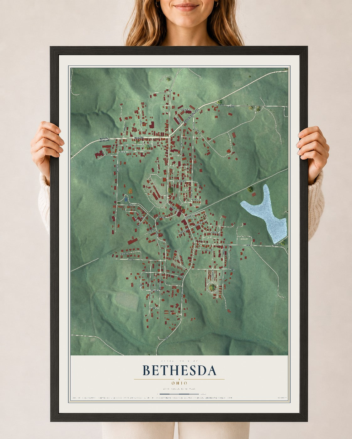 Map of Bethesda, Ohio, 24 x 36 inch print in a black wood frame