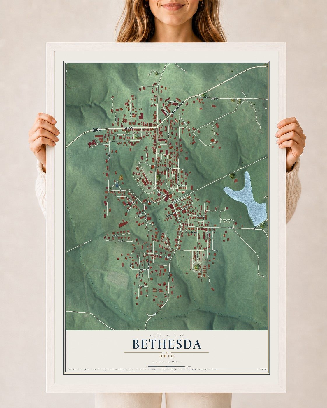 Map of Bethesda, Ohio, 24 x 36 inch print in a white wood frame