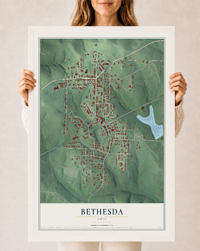 Map of Bethesda, Ohio, 24 x 36 inch print in a white wood frame
