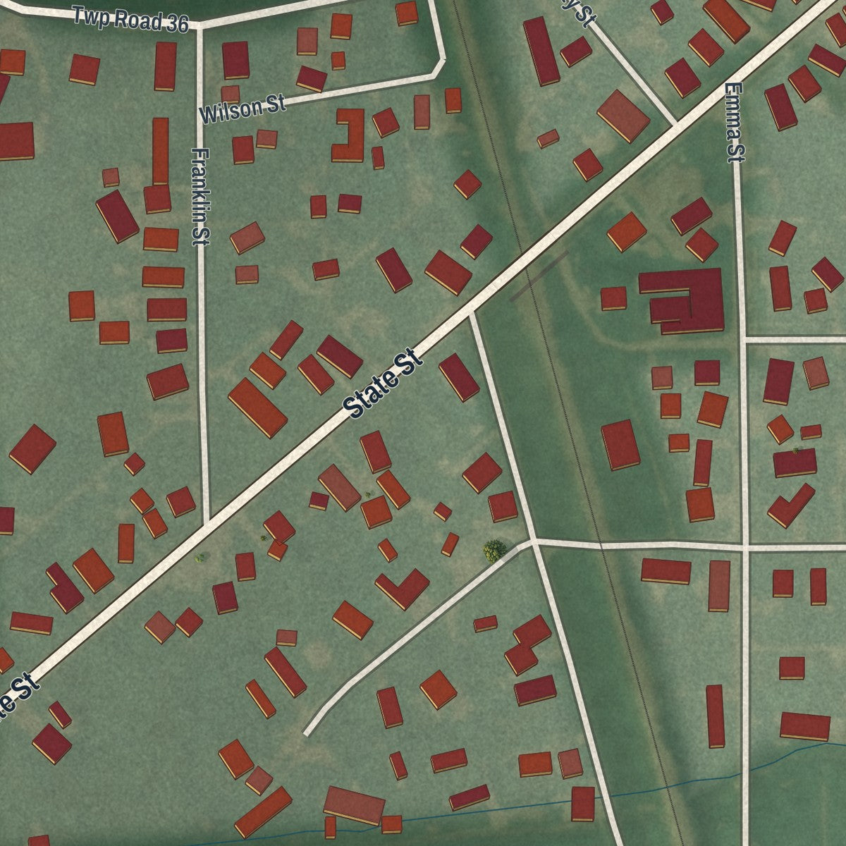 Close-up of the map of Bettsville, Ohio print showing street and building detail