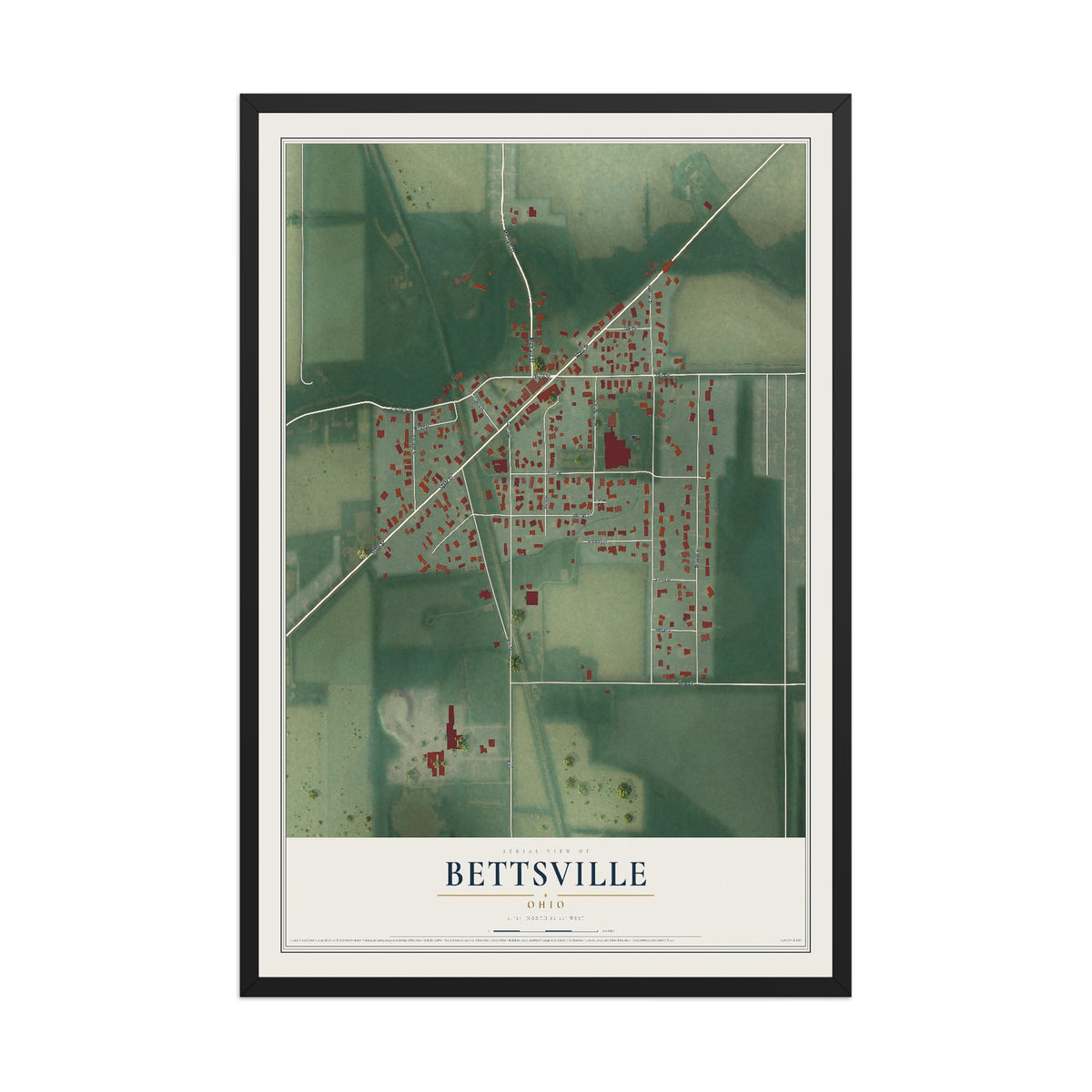 Map of Bettsville, Ohio, 12 x 18 inch print in a black wood frame