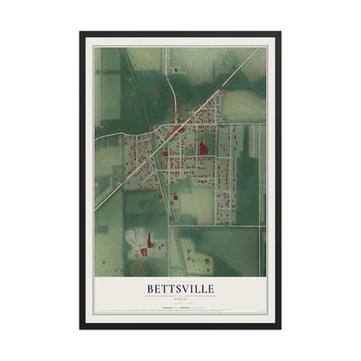 Map of Bettsville, Ohio, 12 x 18 inch print in a black wood frame