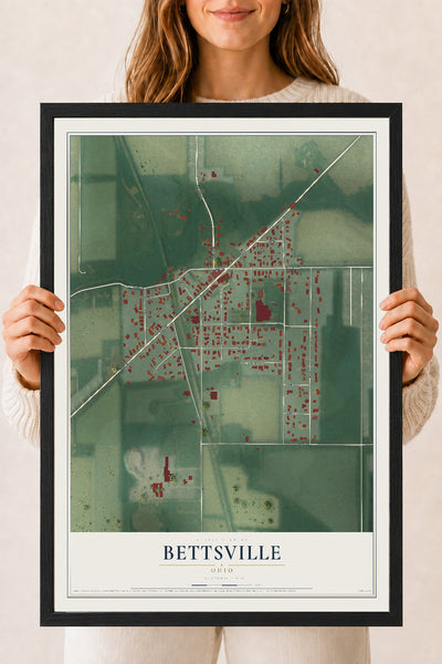 Map of Bettsville, Ohio, 18 x 24 inch print in a black wood frame