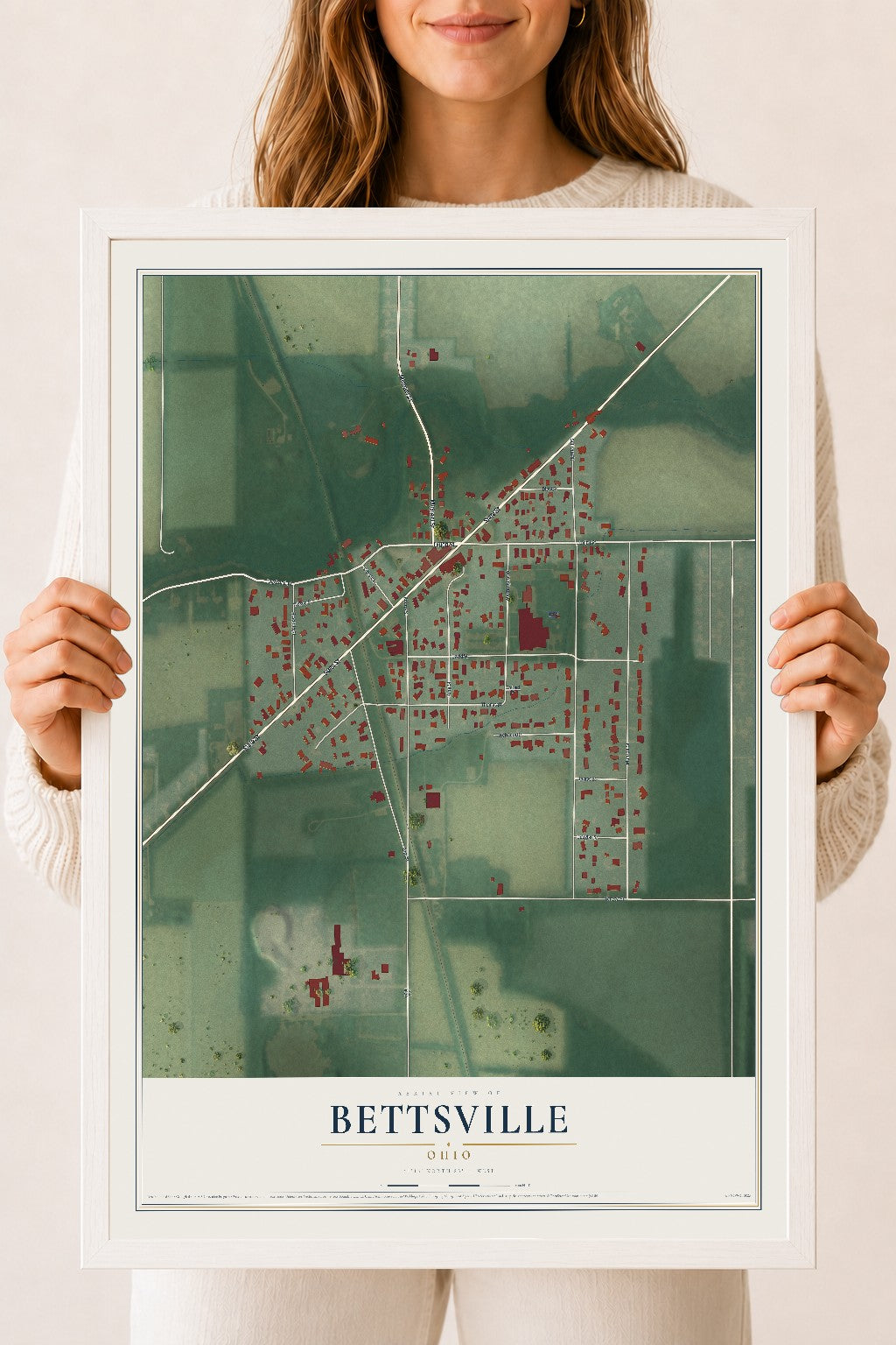 Map of Bettsville, Ohio, 18 x 24 inch print in a white wood frame