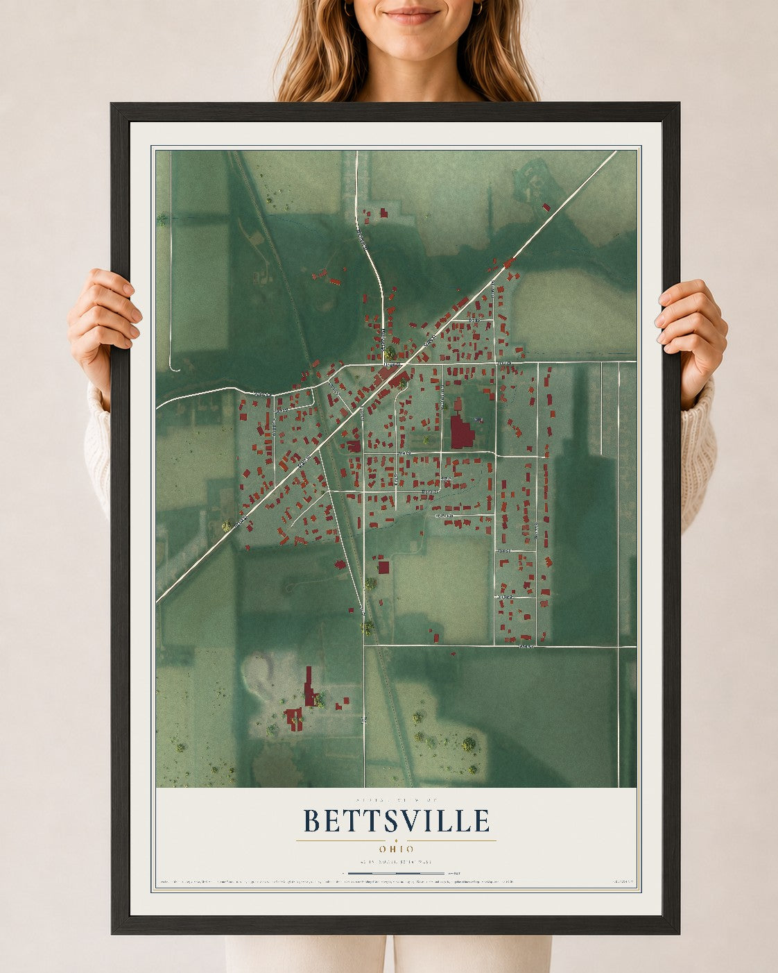Map of Bettsville, Ohio, 24 x 36 inch print in a black wood frame