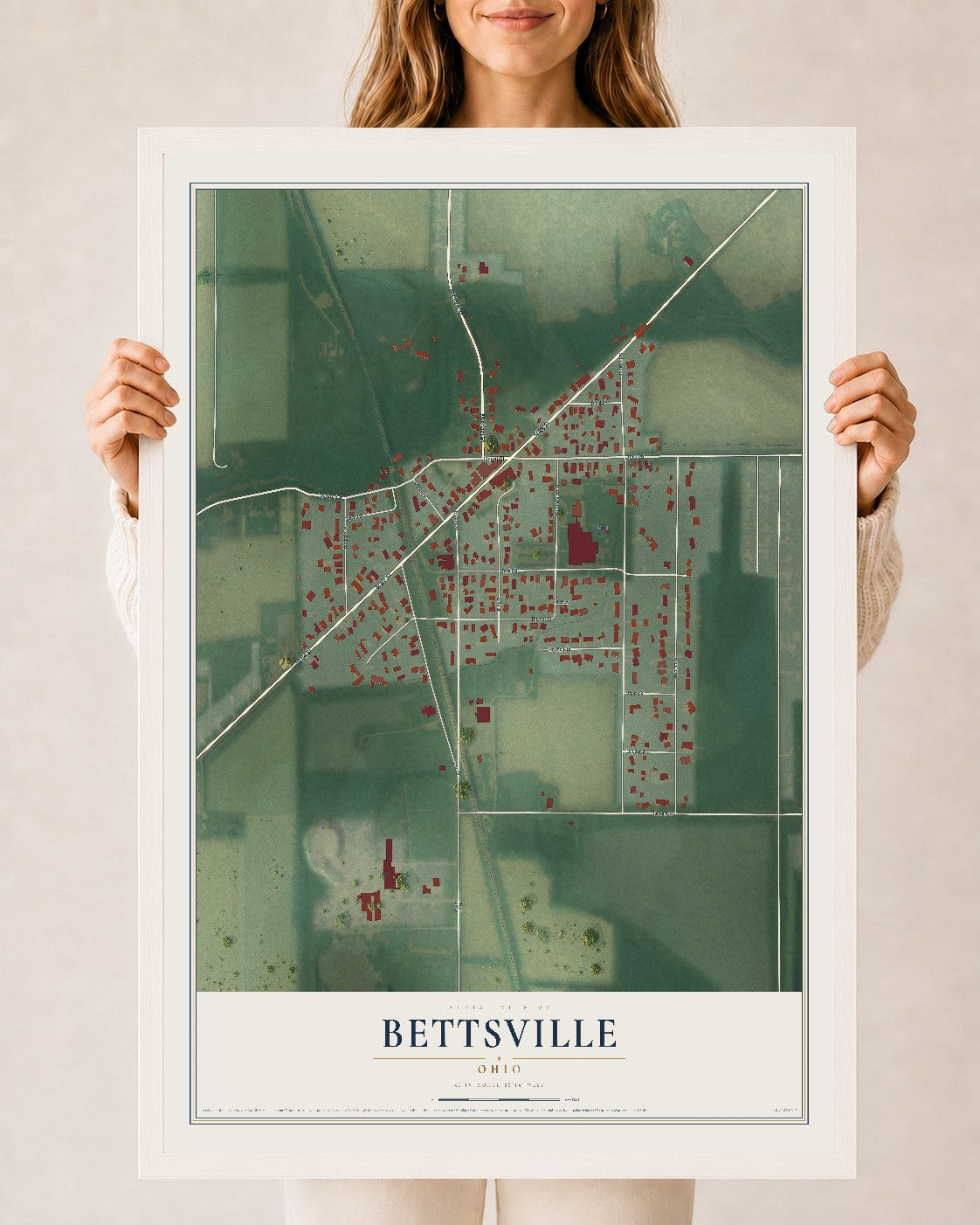 Map of Bettsville, Ohio, 24 x 36 inch print in a white wood frame