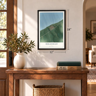 Beulah Beach, Ohio map, 12 x 18 inch print in a black frame in an entryway