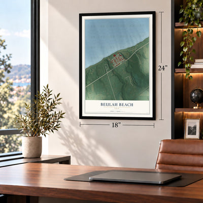 Beulah Beach, Ohio map, 18 x 24 inch print in a black frame in a home office