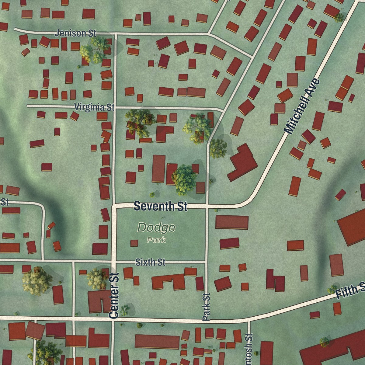 Close-up of the map of Beverly, Ohio print showing street and building detail
