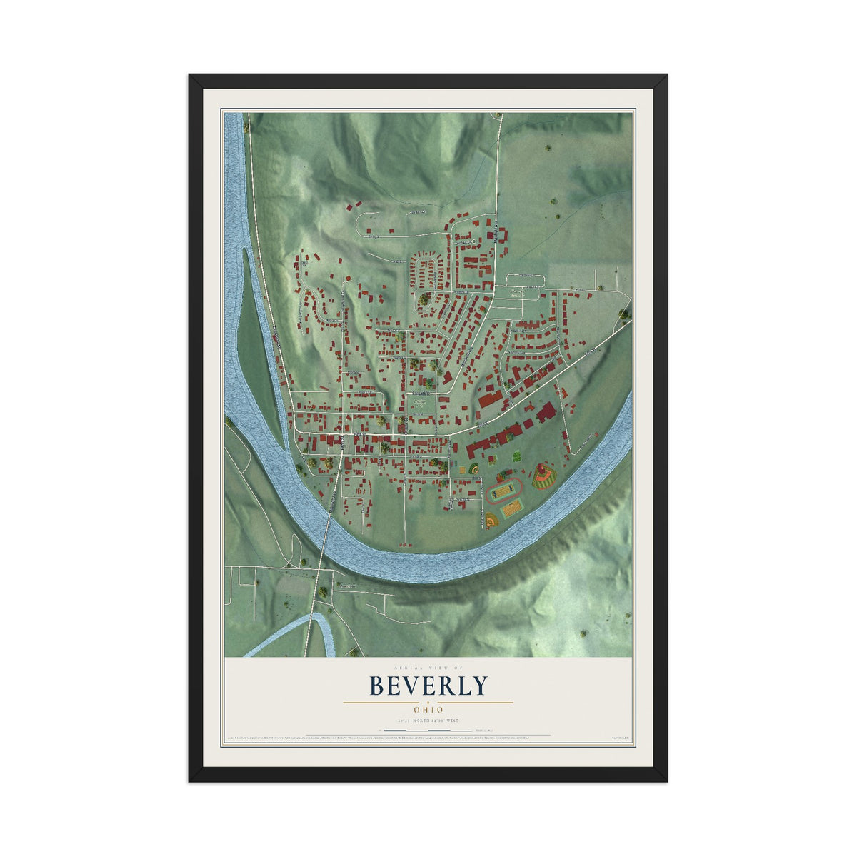 Map of Beverly, Ohio, 12 x 18 inch print in a black wood frame