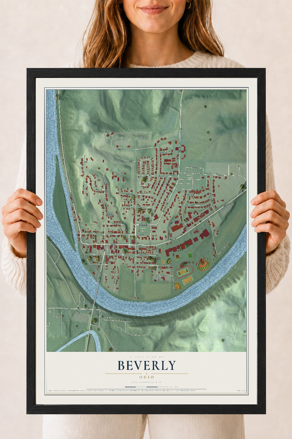 Map of Beverly, Ohio, 18 x 24 inch print in a black wood frame