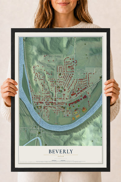 Map of Beverly, Ohio, 18 x 24 inch print in a black wood frame
