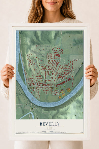 Map of Beverly, Ohio, 18 x 24 inch print in a white wood frame